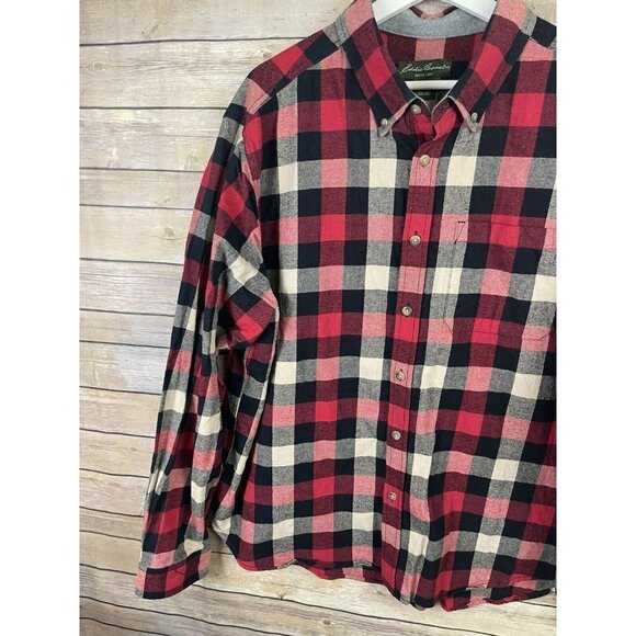Eddie Bauer Seattle Mens XXL Plaid Flannel Button Down Shirt Red Black Long Slv - Picture 4 of 12